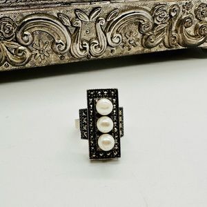 🔥 Vintage Deco Sterling Marcasite Pearl Ring